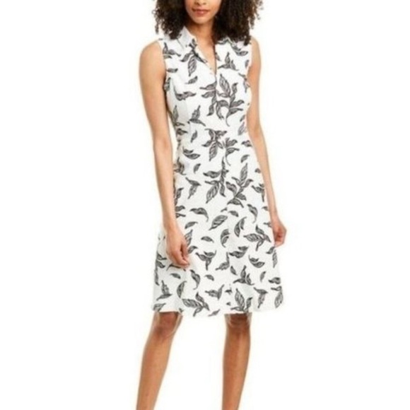 T Tahari Linen Blend Fit & Flare Sleeveless Dress Women's M Leaf Print White - Picture 2 of 13